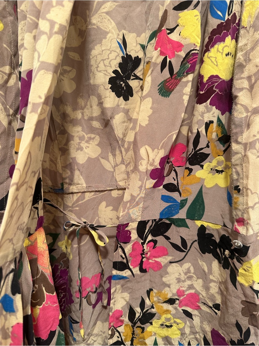Anthropologie Beige Floral Silk Wrap Dress with Yellow, Pink & Blue Accents - Picture 5 of 6